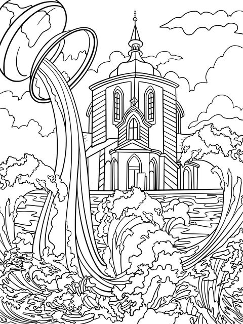 Página para colorear de iglesia fantástica y paisaje con agua vertiendo