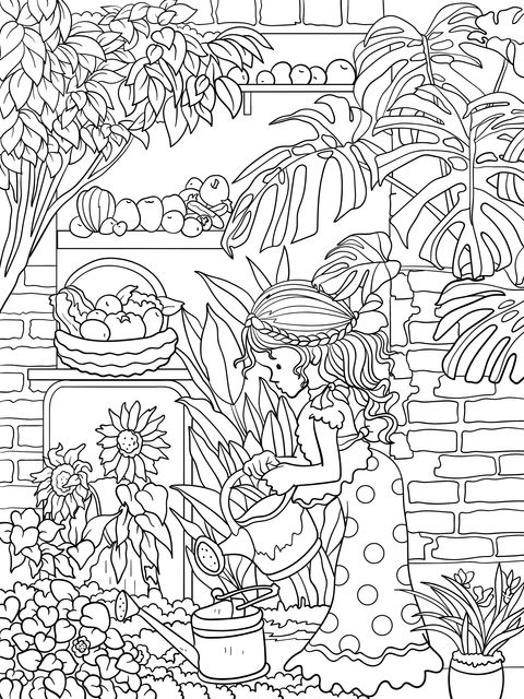 Girl Watering in the Garden Coloring Page