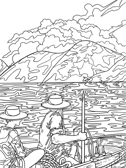 Coloring Page of Two People Fishing While Boating