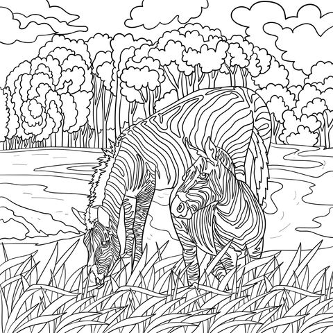 Coloring Page of a Mother and Baby Zebra in the Wild