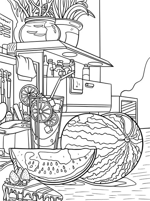 Summer Drinks and Fruits Coloring Page