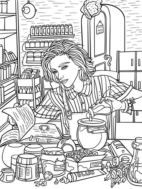 Coloring Page of a Magic Potion - Making Scene