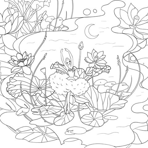 Ballet Dancer in Lotus Pond Coloring Page