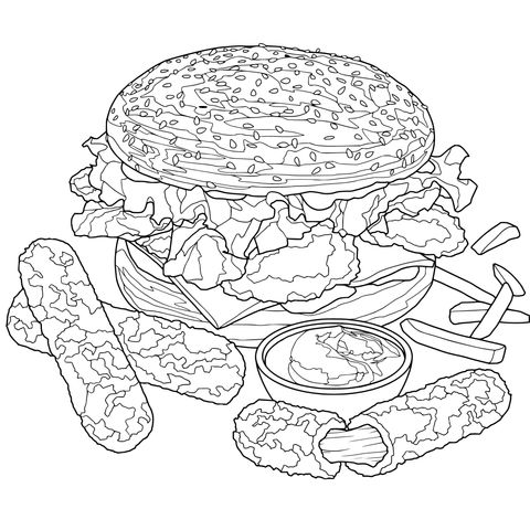 Delicious Burger and Snacks Coloring Page