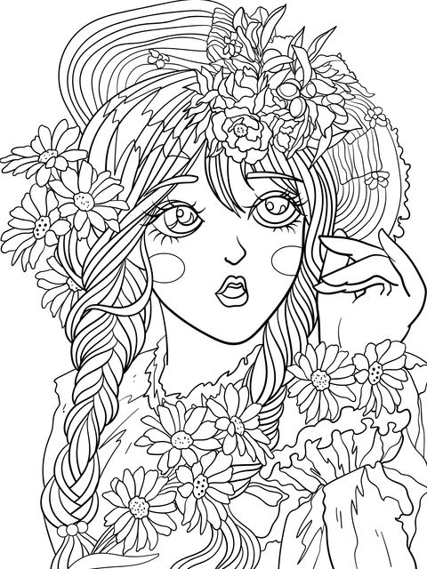 Flower - adorned Girl Illustration Coloring Page