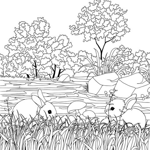 Adorable Rabbits and Natural Landscape Coloring Page