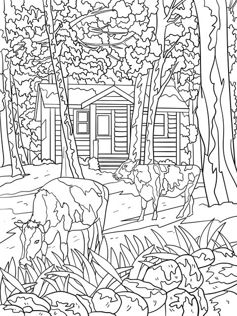 Coloring Page of a Cabin and Cows in an Autumn Forest