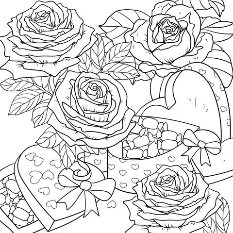 Rose and Heart - shaped Candy Box Coloring Page