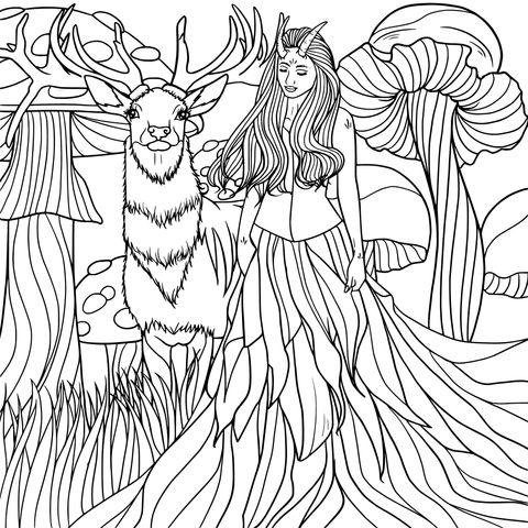 Fairytale - style Princess and Deer Coloring Page