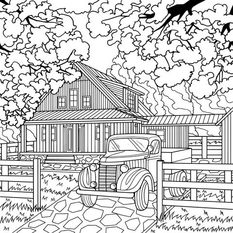 Rustic Cabin and Vintage Truck Coloring Page