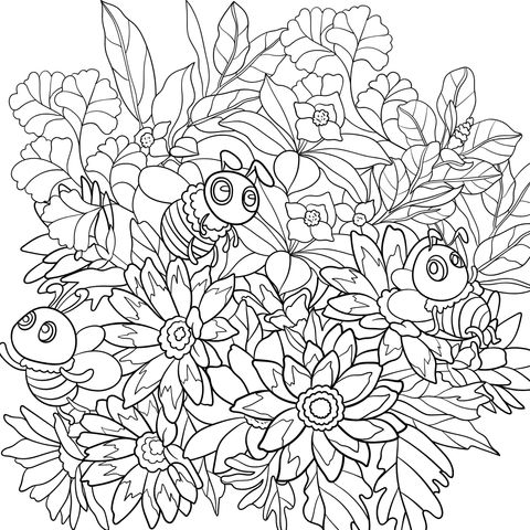 Bee and Flower Coloring Page