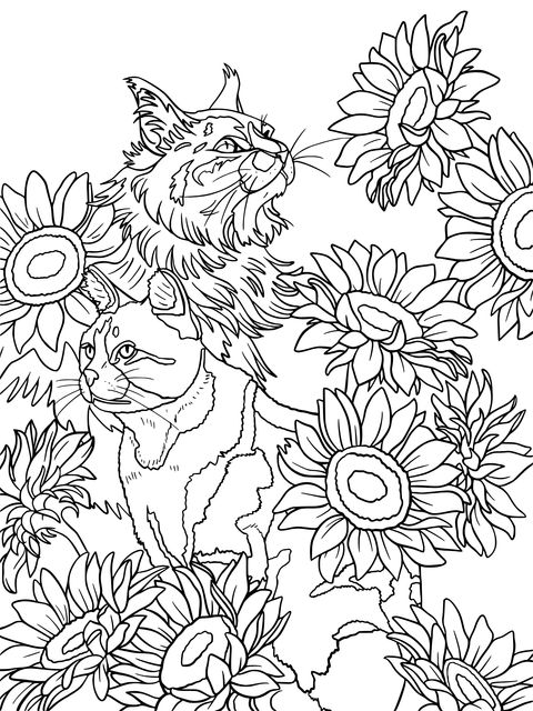 Cat and Sunflower Coloring Page