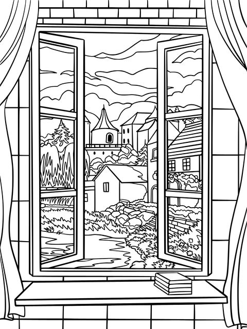 Página para colorear de la encantadora escena fuera de la ventana