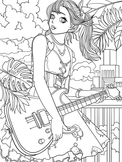 Página para colorear de una chica con una guitarra