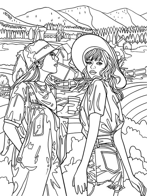 Página para colorear de dos chicas en un paisaje pastoral