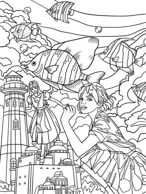 Fantasy Ocean and Girl Coloring Page