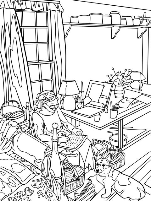 Coloring Page of a Cozy Creative Space: A Woman and Her Corgi's Painting Time