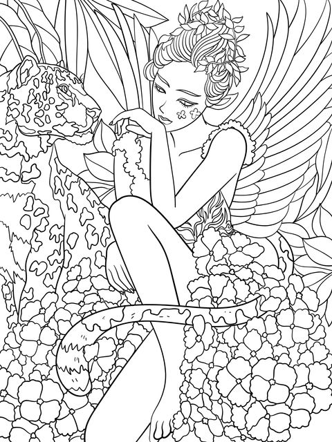 Fantasy Fairy and Leopard Coloring Page