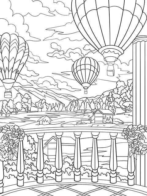 Página de Colorear con Globo Aerostático y Paisaje