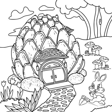 Pine - cone House and Rabbit Coloring Page