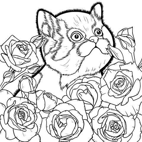 Página de Colorear de un Adorable Gatito y Rosas Azules