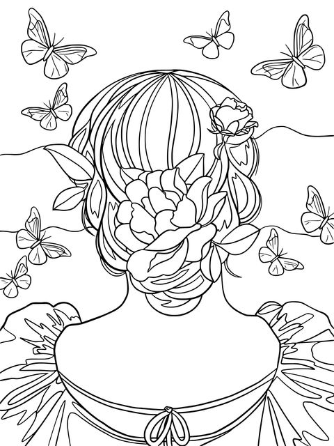 Dreamy Butterfly and Flower - Girl's Back View Coloring Page