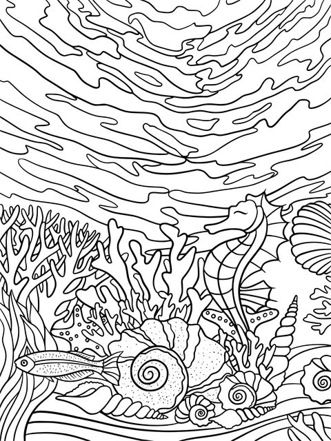 Underwater World Coloring Page: Seahorse, Corals and Fish