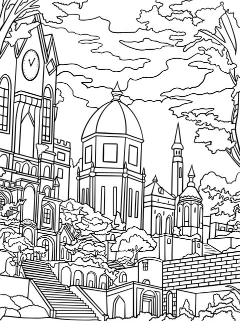 Fairytale - style Town Buildings Coloring Page