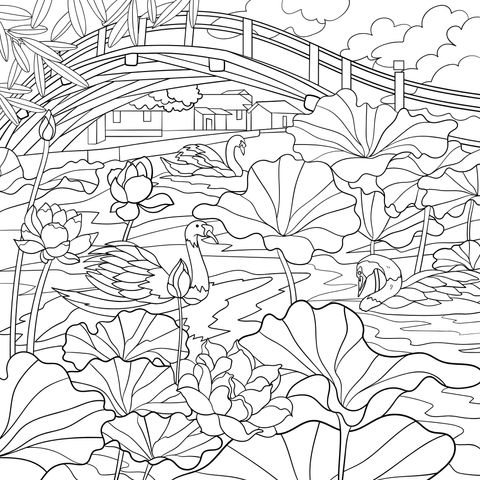 Coloring Page of an Arch Bridge over a Lotus Pond