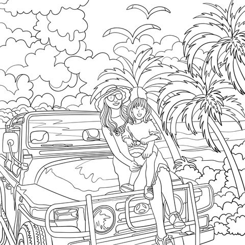 Página para colorear de madre e hija con un auto rosado en un paisaje tropical