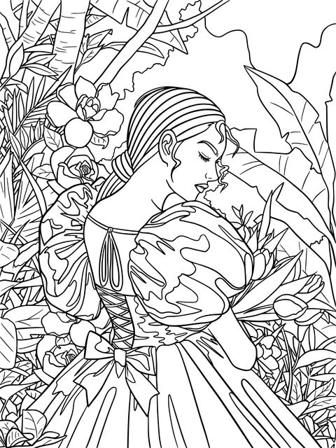 Coloring Page of a Woman in a Green Dress Among Flowers