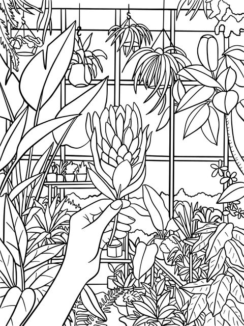 Coloring Page of Greenhouse Plants with a Hand - Held Flower