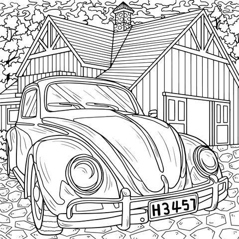 Página para colorear de auto vintage y casa de madera