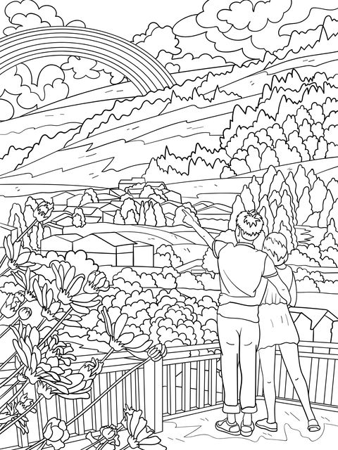 Romantic View Coloring Page: Couple Admiring a Rainbow - filled Valley