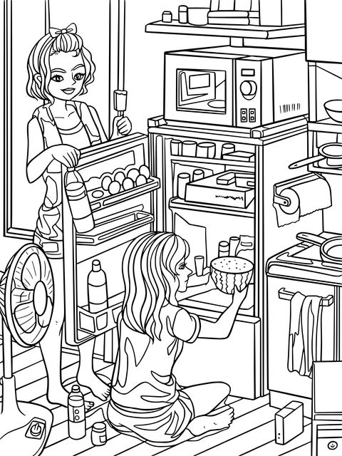 Kitchen Scene Coloring Page: Girls' Daily Activities