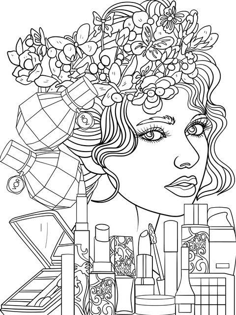 Beauty - themed Coloring Page: Beautiful Woman with Flower Wreath and Various Cosmetics