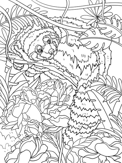 Coloring Page of a Red Panda on a Branch amidst Flowers