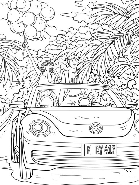 Romantic Pink Convertible Road - Trip Coloring Page