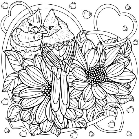 Coloring Page of Lovebirds and Flowers