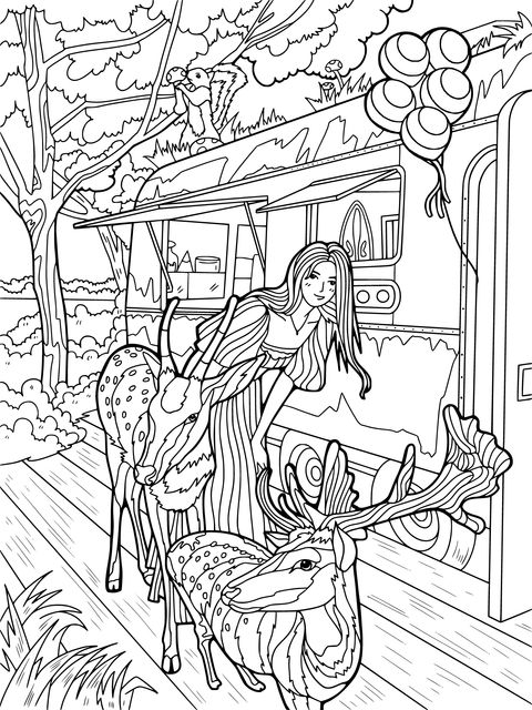 Coloring Page: Encounter with Deer During RV Camping