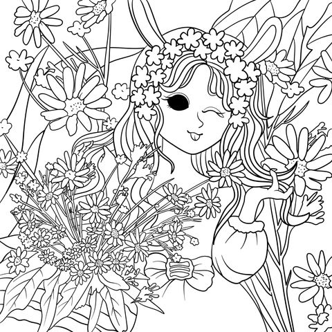 Coloring Page of a Bunny - girl with a Flower Wreath