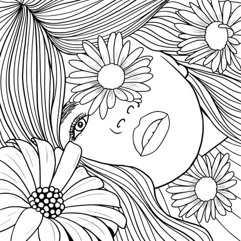 Woman Surrounded by Flowers Coloring Page