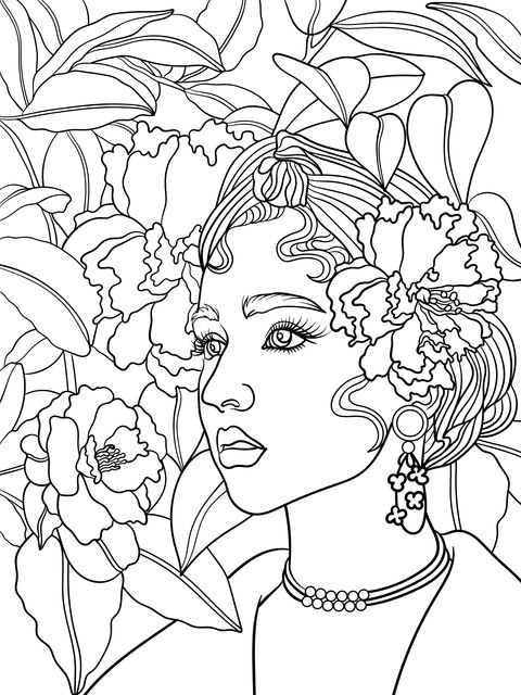 Woman Surrounded by Flowers Coloring Page