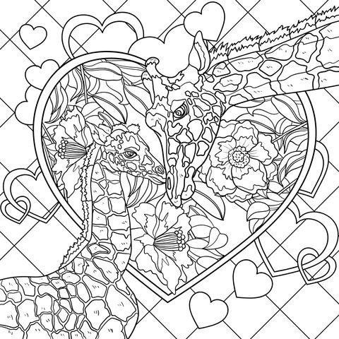 Giraffes and Flower - Heart - Shaped Coloring Page