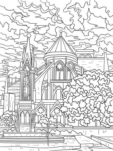 Página para colorir de uma bela paisagem da igreja