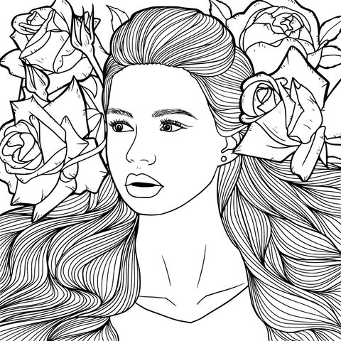 Coloring Page of a Woman with Purple Hair and Blue Roses