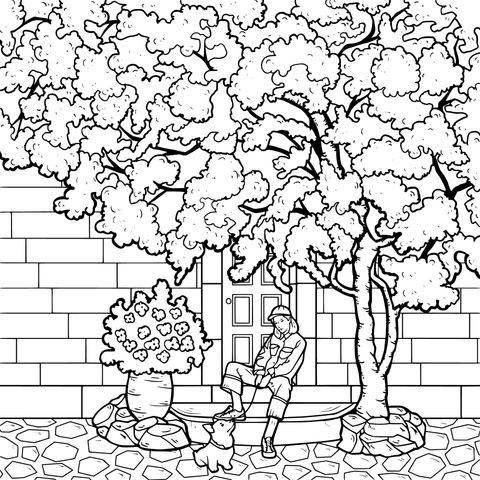 Coloring Page of a Person and a Dog under a Tree