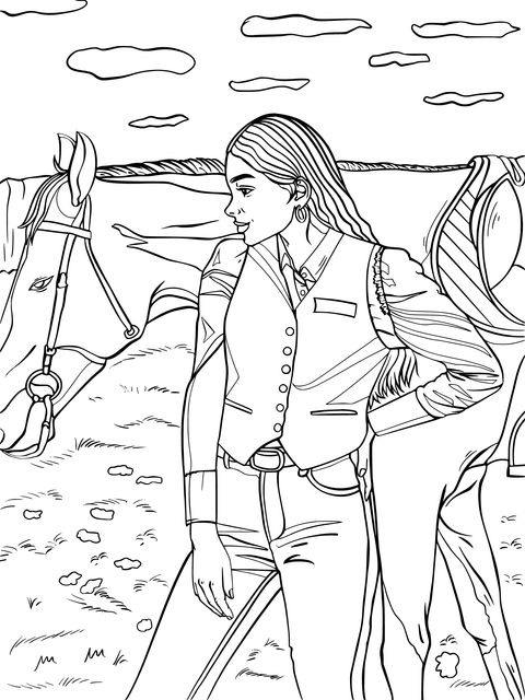 Ilustración de página para colorear de una mujer y un caballo