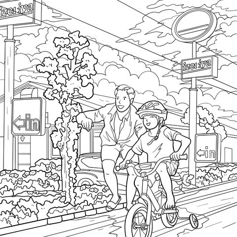 Grandparent - grandchild outdoor cycling coloring page