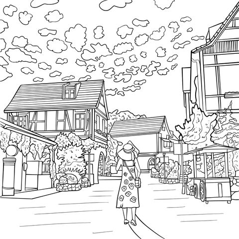 Coloring Page of Strolling in a Small - town Landscape